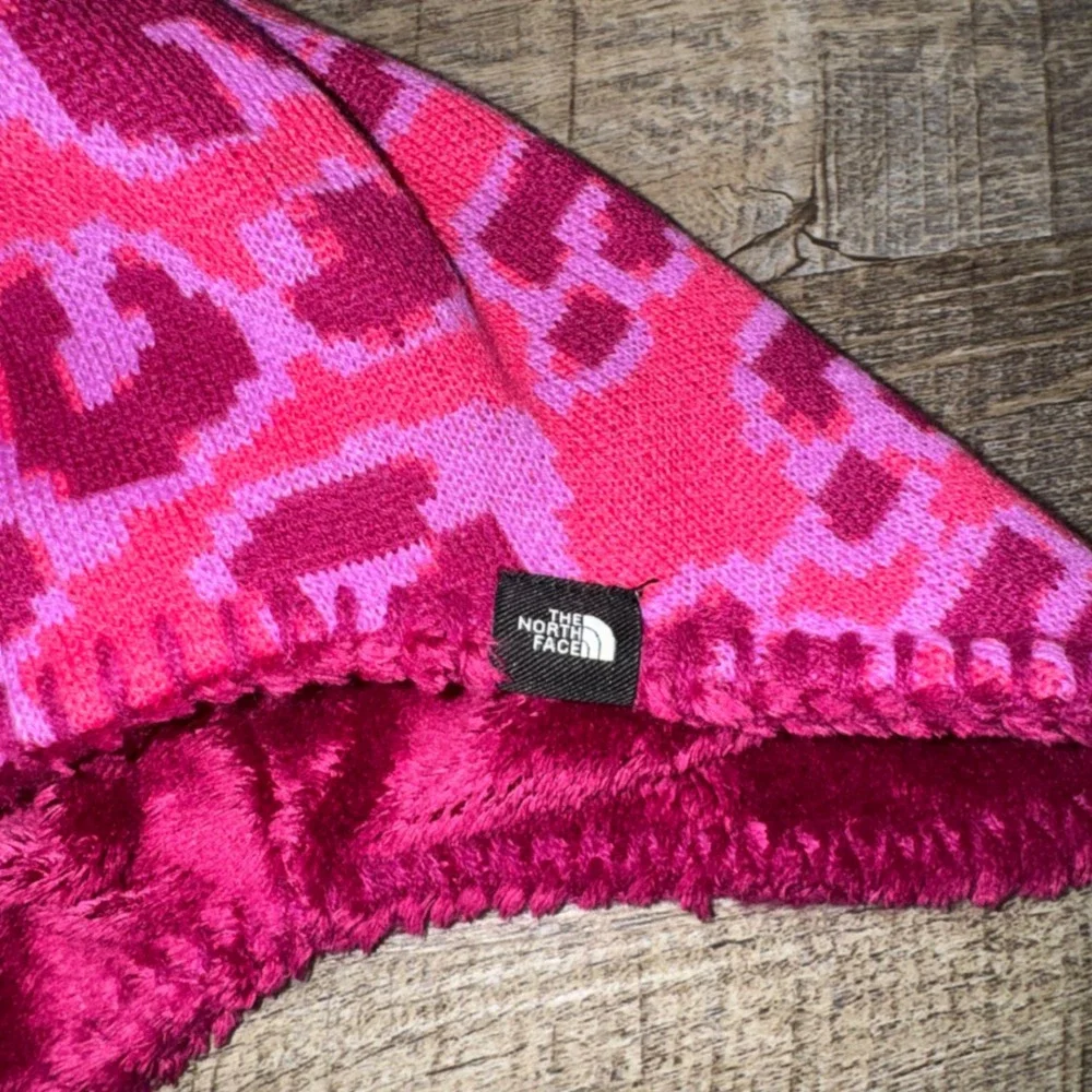 The North Face Littles Faroe Beanie Toddler 4T 5T Pink Leopard Pom Fleece Hat
